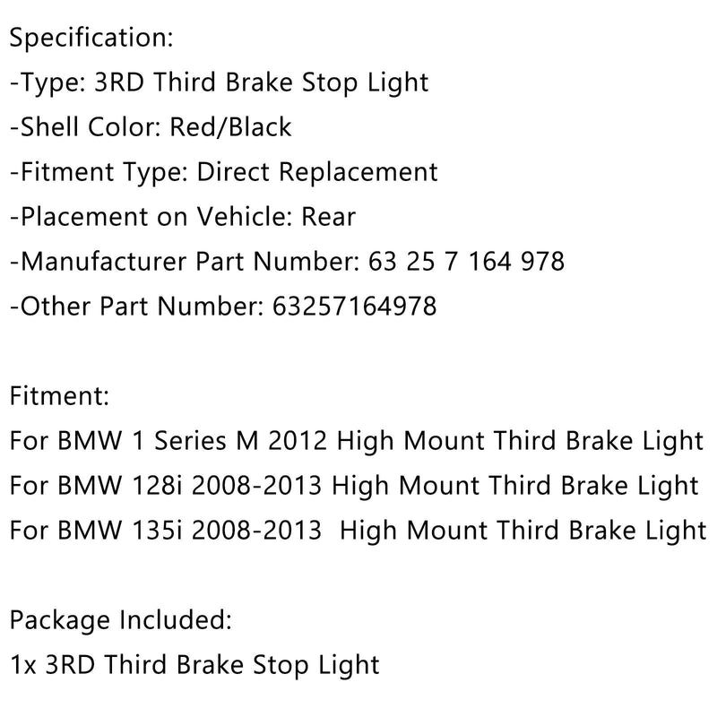 3. Tercera luz de freno montada en alto Lente Central Roja/BL para BMW 128i 135i 1 Serie M BMW Generic
