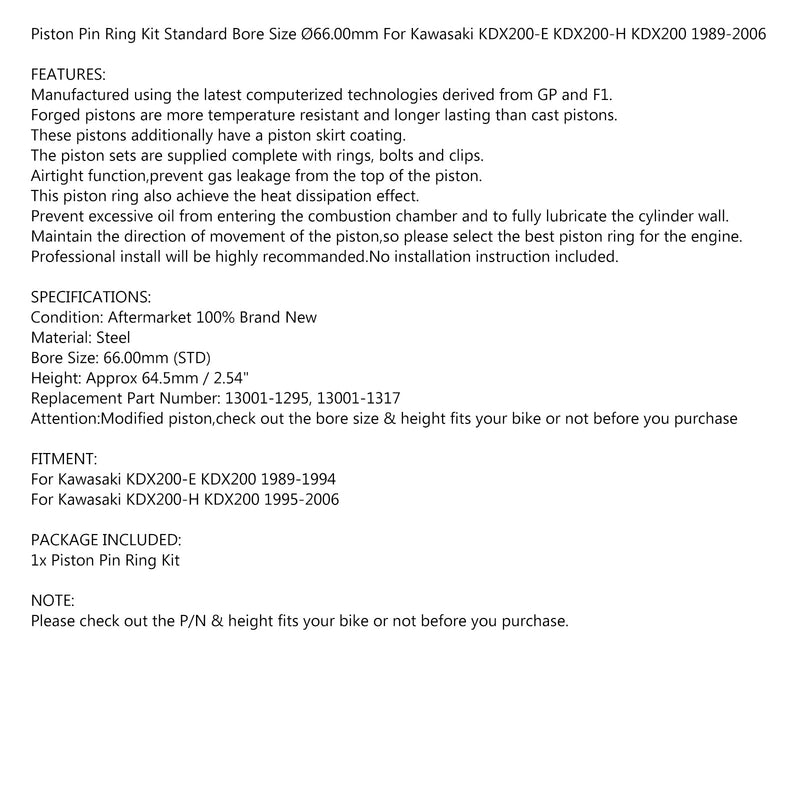 Kit de pistão do motor 66 mm STD para Kawasaki KDX200 E/H 1989-2006 13001-1295 