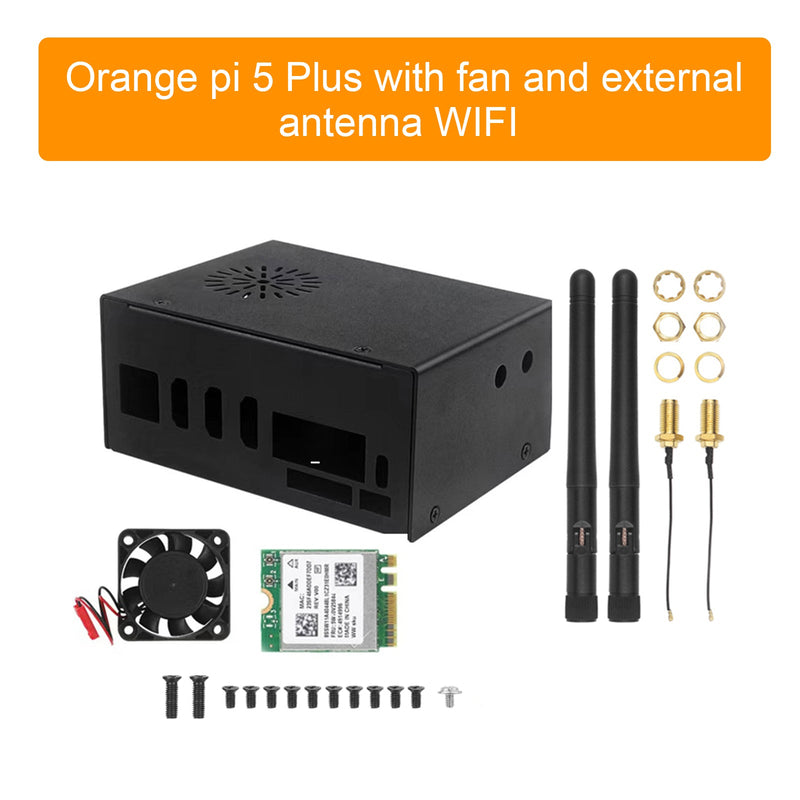 Orange pi 5 Plus kjøleboks i metall med vifte og ekstern WiFi-antenne