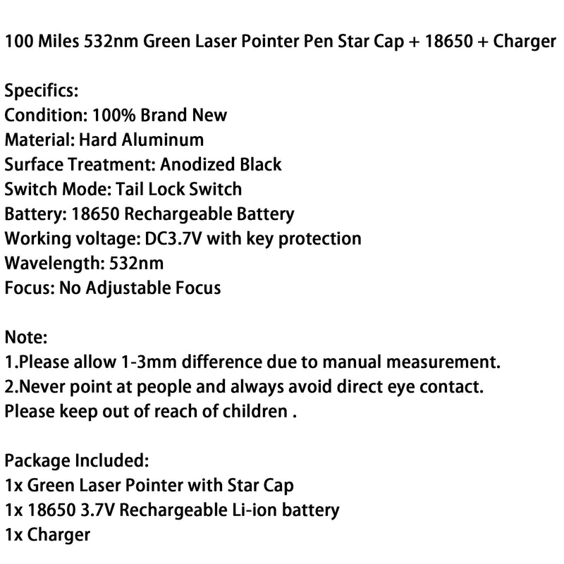 Militær 532nm grønn laserpeker synlig stråle + batteri + stjernehette