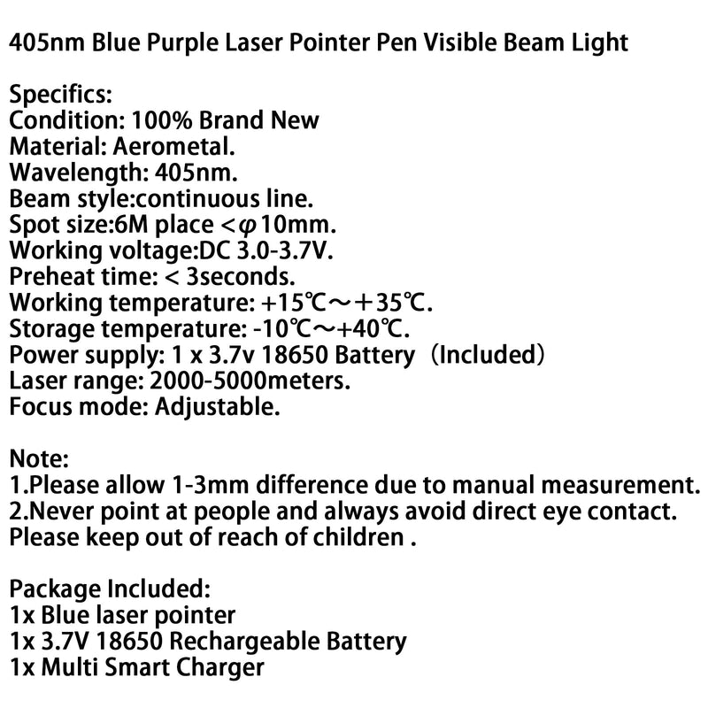 Caneta apontadora laser tática 5mW 405nm azul violeta 18650 feixe visível laser de luz