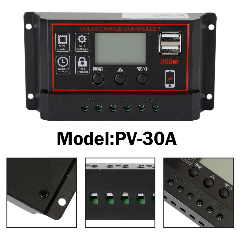 10A/20A/30A Panel słoneczny regulator ładowania kontroler ładowania PWM LCD podwójny USB 12V/24V