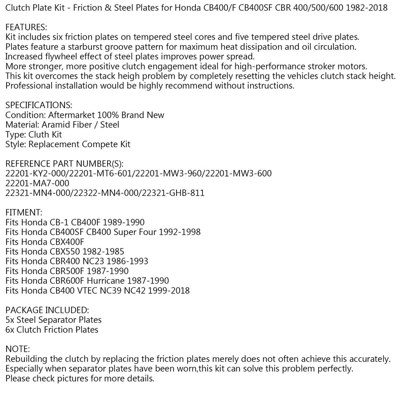 Kopplingssats Friktions- och stålplattor för Honda CB CBX CBR 400 500 600 92-18 Generic