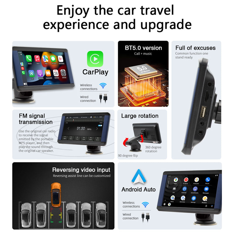 Reproductor MP5 portátil para coche de 7 pulgadas, monitor Bluetooth, Carplay inalámbrico + cámara de 4 LED