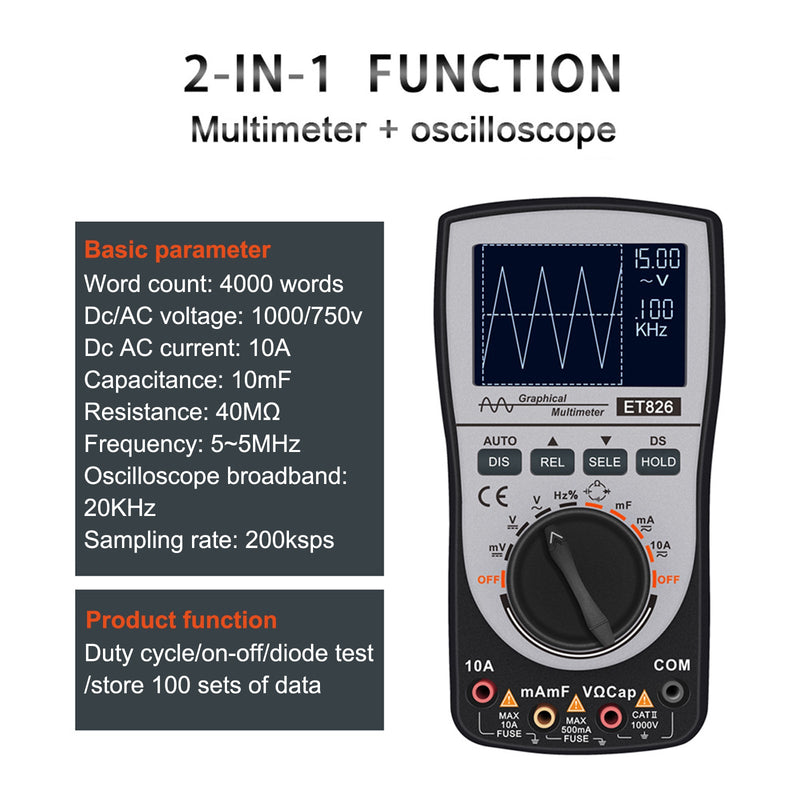 ET826 2 i 1 Digital Smart Oscilloskop Multimeter AC/DC Strømspenning