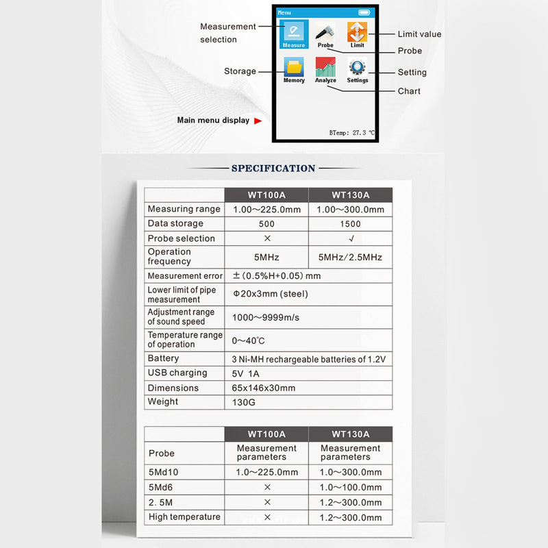 WT100A LCD-testverktyg Smart Sensor Ultraljudstjockleksmätare Ljudhastighet