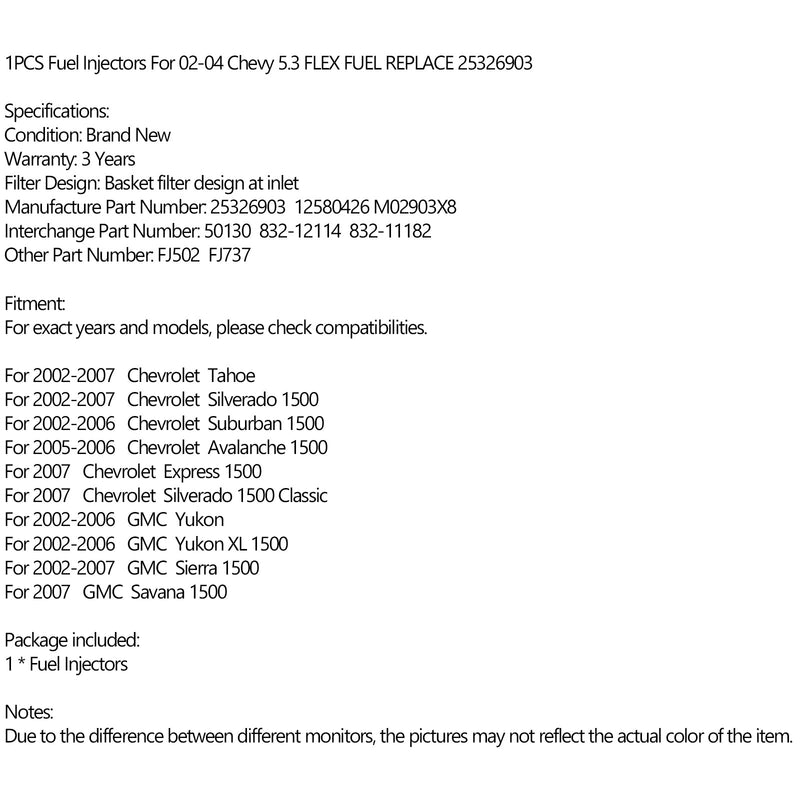 1PCS injetores de combustível para 02-04 Chevy 5.3 FLEX 25326903 genérico