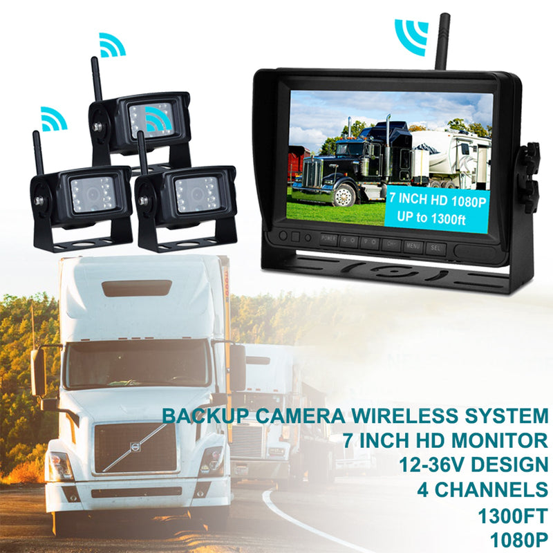 7-Zoll-Display AHD 1080P Wireless 3CH Rückfahrkamera-Set für LKW-Anhänger