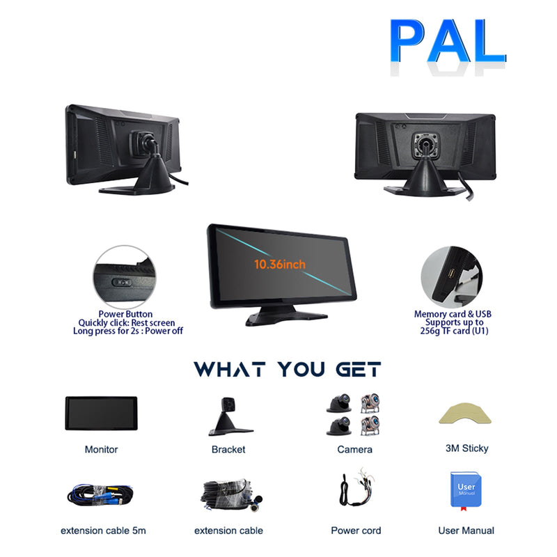 Pantalla táctil IPS Quantum de 10,36 pulgadas, 1600 x 720, para vehículos recreativos, camiones y autobuses + 4 cámaras de visión trasera