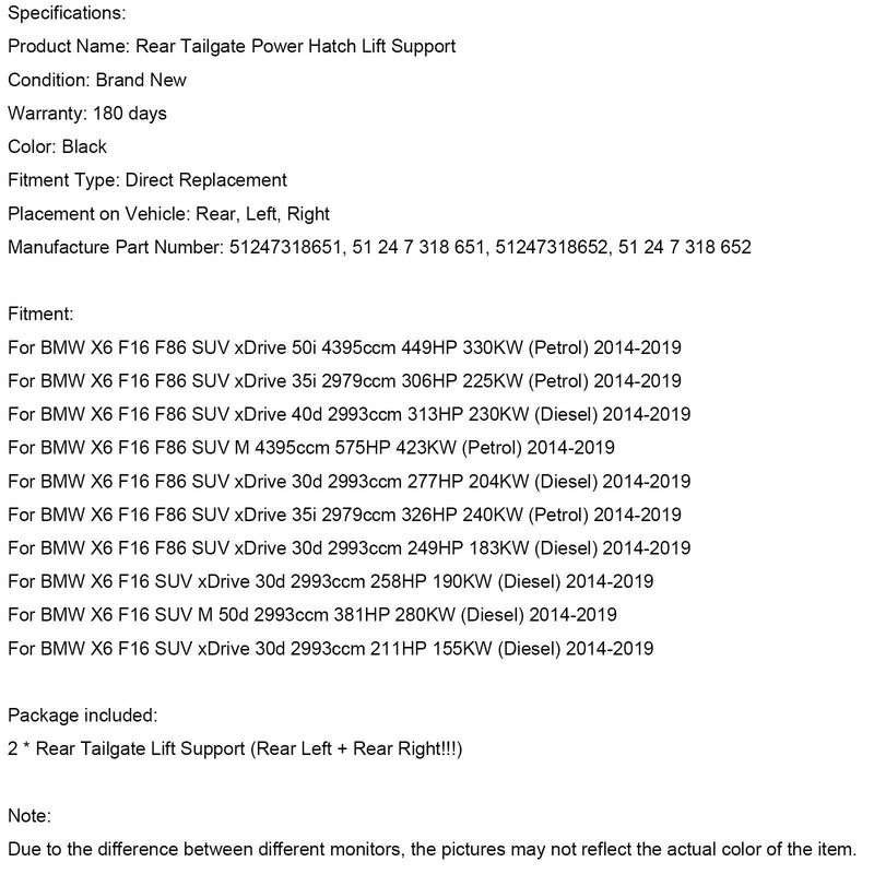 BMW X6 F16 F86 2014-2019 51247318651 2kpl takaluukun sähkönostimen tuki