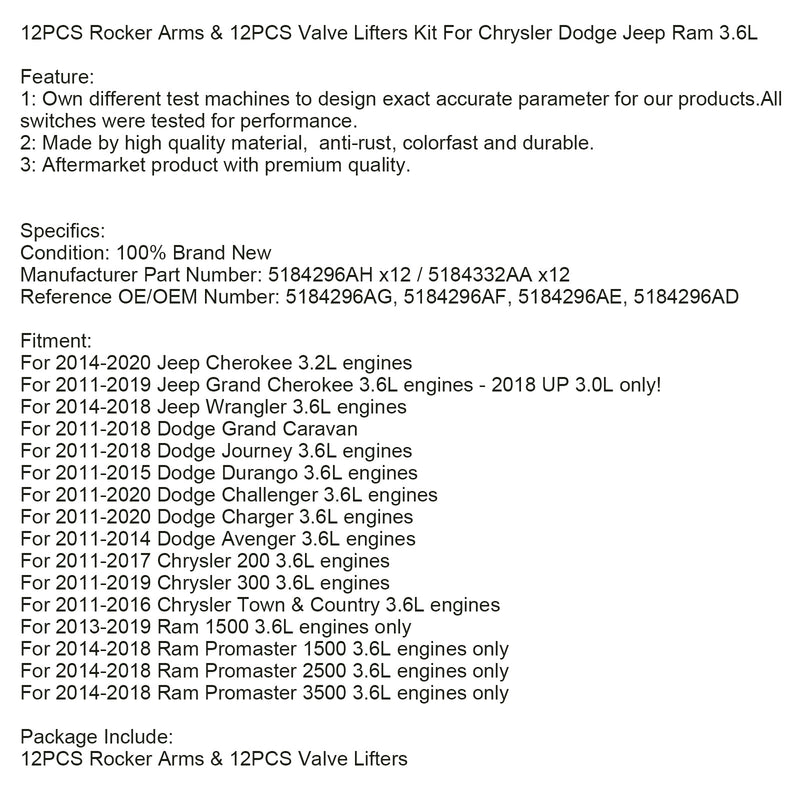 2011-2017 Chrysler 200 2011-2019 Chrysler 300 3,6-Liter-Motoren 12-teiliges Kipphebel- und 12-teiliges Ventilheber-Kit