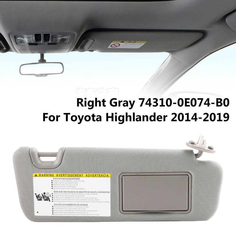 Toyota Highlander 2014-2019 Høyre solskjerm med Vanity Light Grey 74310-0E074-B0