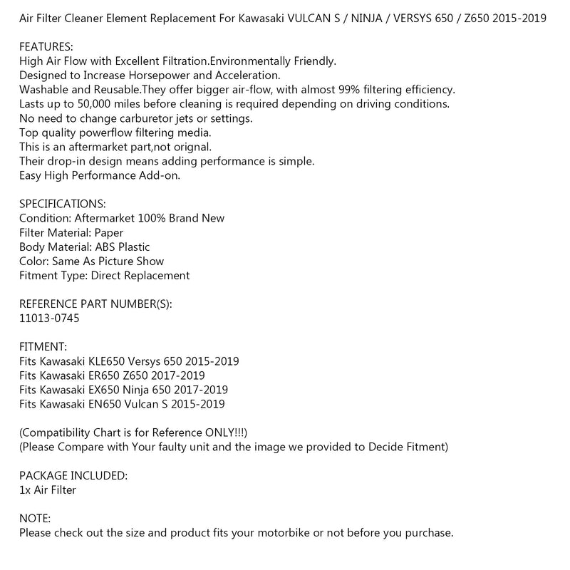 Filtro de aire adecuado para Kawasaki 11013-0745 VULCAN S / NINJA / VERSYS 650 Z650 15-19 Genérico