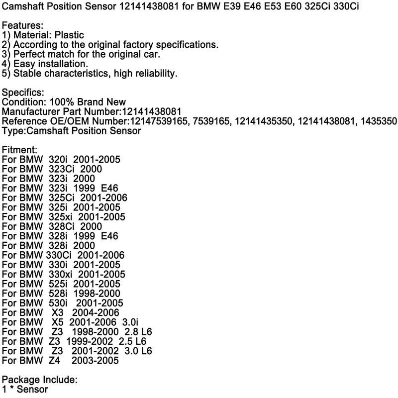 Nokka-akselin asentotunnistin 12141438081 varten BMW E39 E46 E53 E60 325CI 330CI