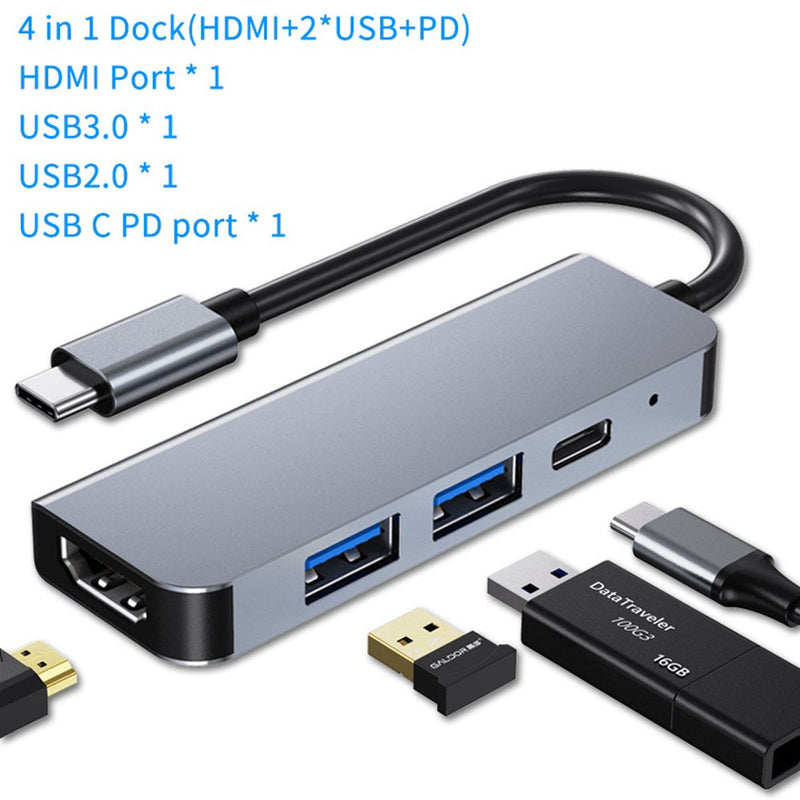 4-i-1 til HD USB C USB3.0 PD Type-C HUB Adapter Dock for Mac Windows PC