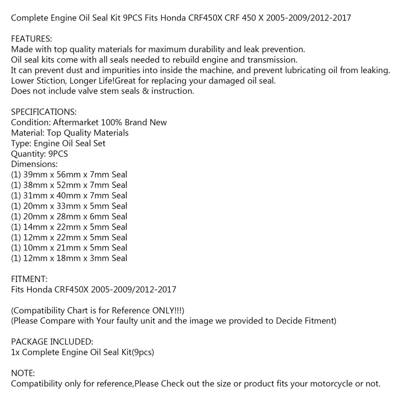 Motoroljetätningssats 9-delade tätningar för Honda CRF450X 2005-2009, 2012-2017 NYA Generic