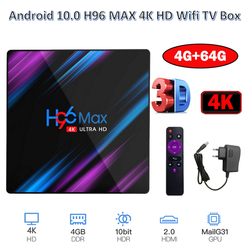 H96MAX Android 10 64GB ROM 4GB RAM 4K WIFI Netzwerk Media Player TV BOX EU Plug