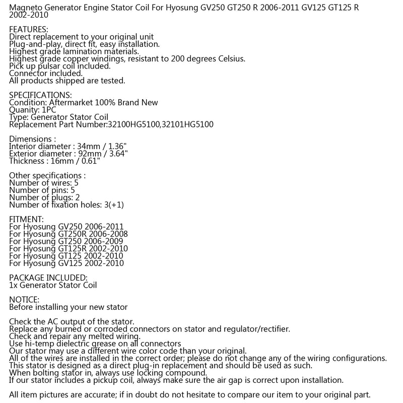 Bobina do estator da United Motors do alternador para Hyosung GV250 GT250R GT250 2006-2011