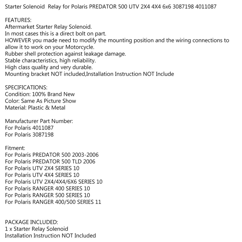 Käynnistysreleen solenoidi Polaris RANGER 400 500 SERIES 10/11 3087198 4011087 yleinen