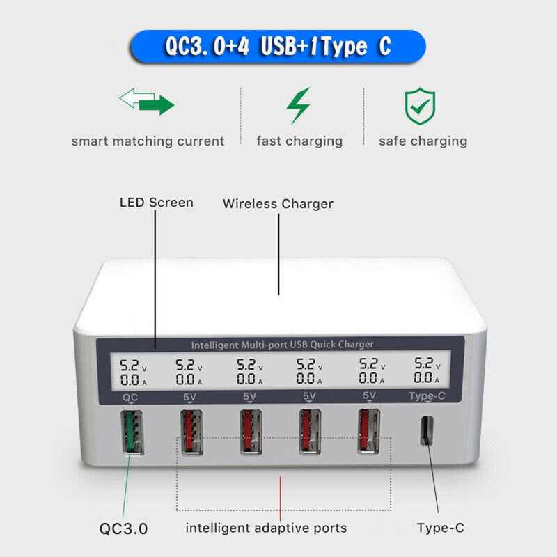 Multiport Quick USB Charger Station mit drahtloser Ladepad LCD Display EU