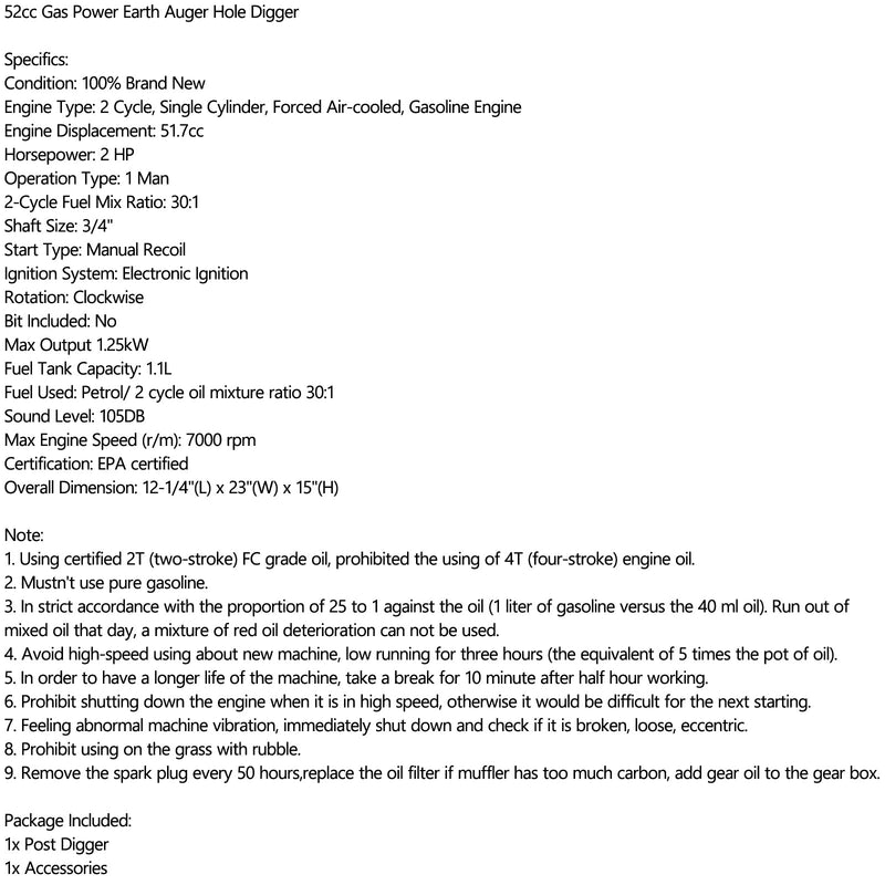 52 cc 2-Takt-Benzin-Gas-Ein-Mann-Post-Hole-Digger-Erdbohrer-Maschine 2 PS EPA