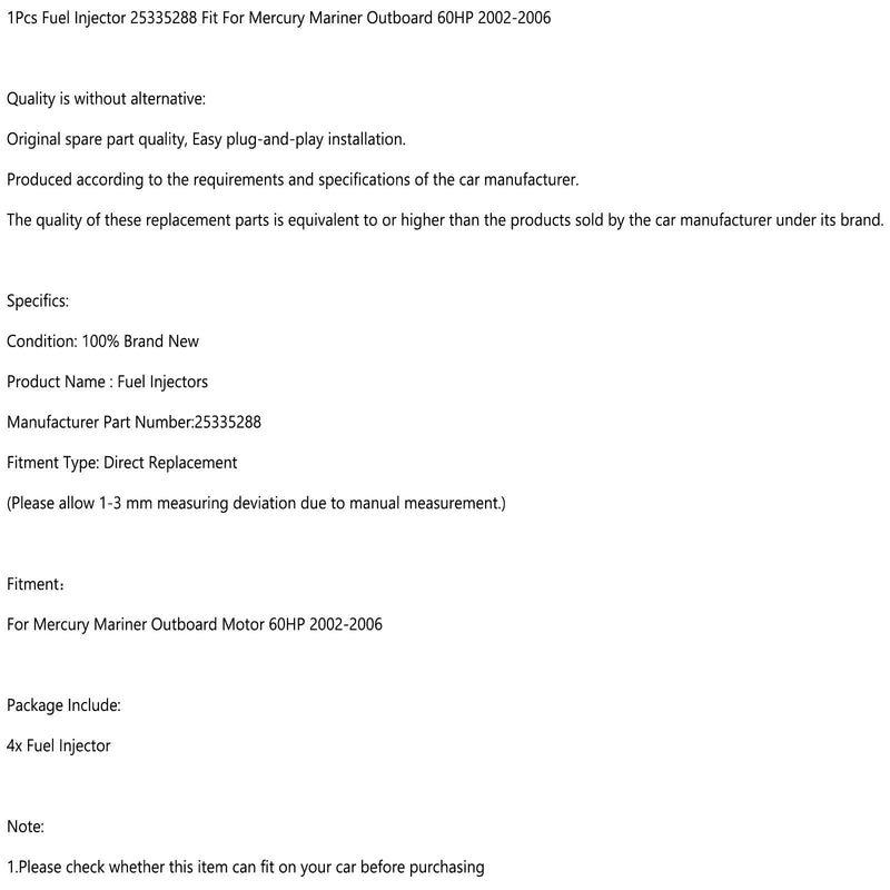 Injetor de combustível de 4 peças 25335288 Compatível com motores de popa Mercury Mariner 60hp 2002-2006