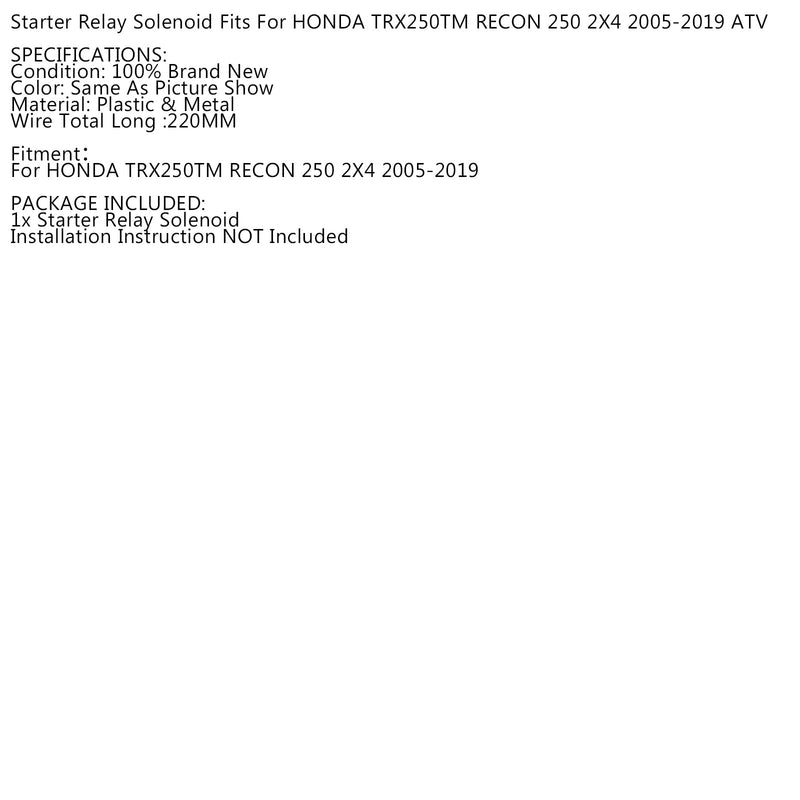 RELÉ DE SOLENÓIDE DE PARTIDA PARA HONDA TRX250TM TRX250TM RECON 250 2005-2019 08 09 Genérico