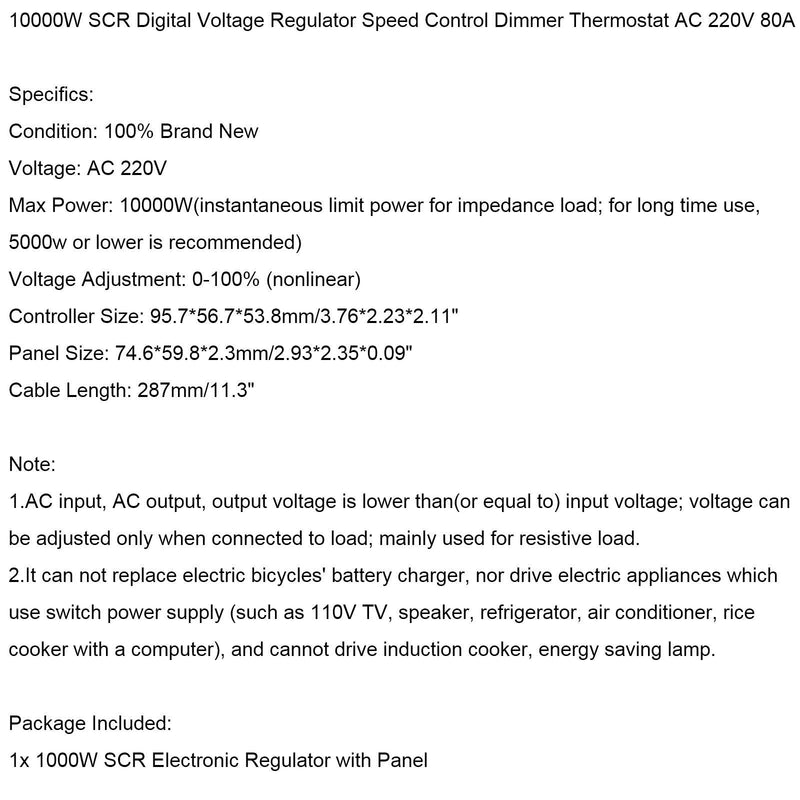 10000W SCR Cyfrowy regulator napięcia Sterownik prędkości Ściemniacz Termostat AC 220V 80A