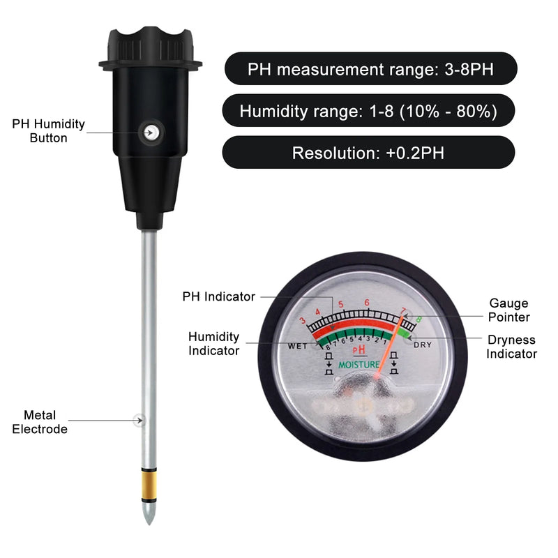 Probador portátil de PH del suelo, medidor de PH y humedad con sonda de metal de 295mm de largo