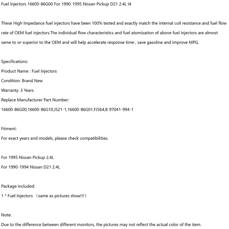 1 inyector de combustible 16600-86G00 compatible con Nissan Pickup D21 2.4L I4 genérico 1990-1995.