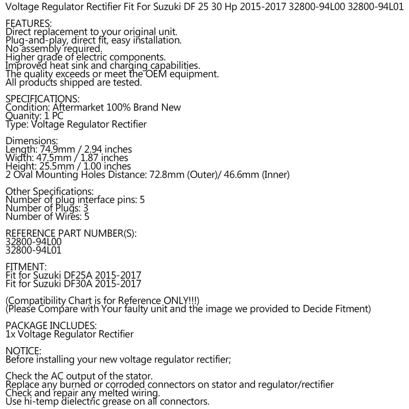 Gleichrichterregler passend für Suzuki Außenborder DF25A DF30A 2015-2017 32800-94L00
