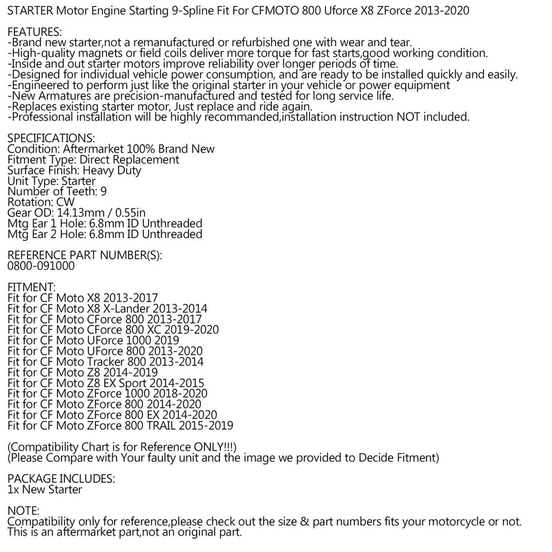 Startmotor för CF Moto X8 Terralander CF UF ZF 800 ATV Z8 2013-2020 0800-091000 Generic
