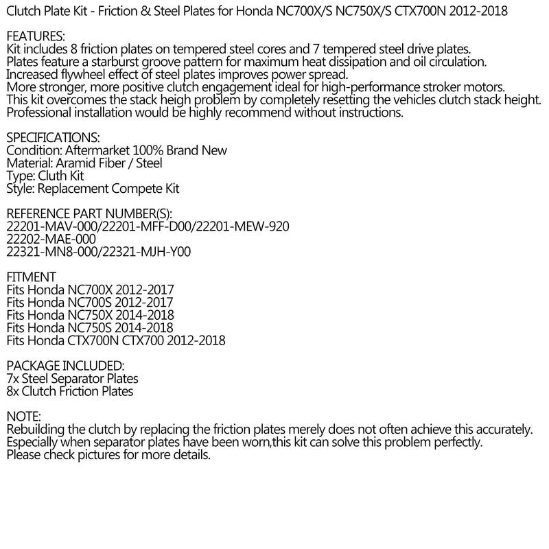 Kopplingssats stål & friktionsplattor för Honda NC700X/S NC750X/S CTX700N 2012-2018 Generic