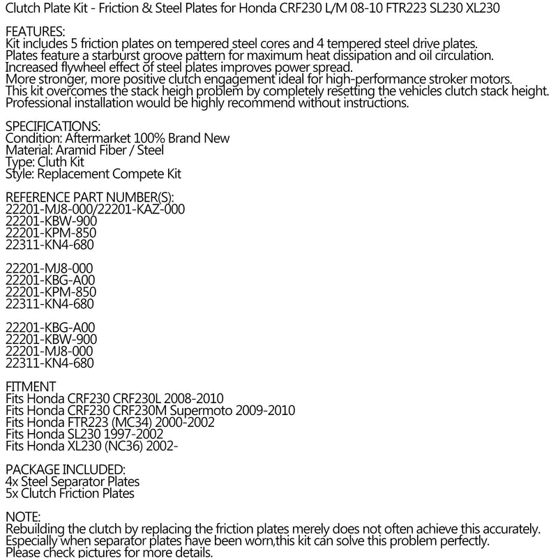 Clutchsett stål og friksjonsskiver for Honda CRF230 L/M 08-10 FTR223 SL230 XL230 Generisk