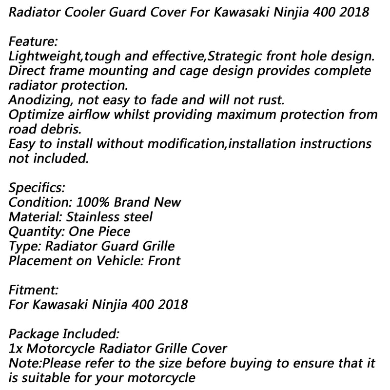 Kühler Kühlergrill Schutzabdeckung Schutzfolie für Kawasaki Ninjia 400 2018 Generic