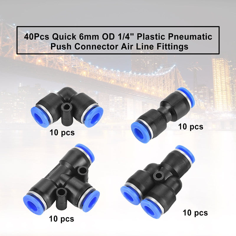 40 kpl Quick 6mm OD 1/4" muovinen pneumaattinen paineliitin ilmaletkun liittimet