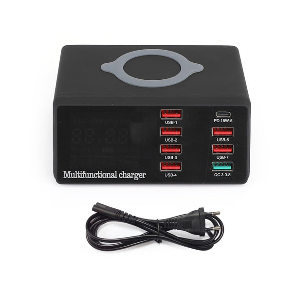 100W 8-portar USB QC 3.0 PD Snabbladdare Trådlös Laddningsstation EU-kontakt