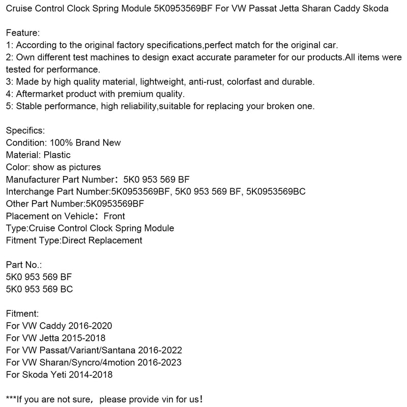 2016-2023 VW Sharan/Syncro/4motion Módulo de mola de relógio de controle de cruzeiro 5K0953569BF 5K0953569BC