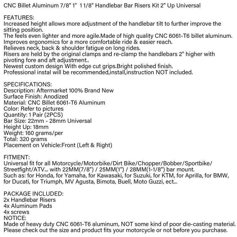 Areyourshop CNC Aluminium Motorsykkel Styre Risers 22-28mm Universal Clamp Mount