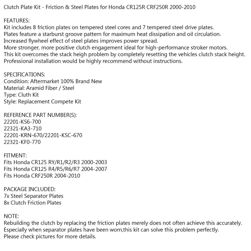 Clutchsett stål og friksjonsskiver for Honda CR 125 R CRF 250 R 2000-2010 Generisk