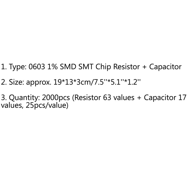 2000 stk 0603 1% SMD chip SMT motstand 63 verdier + kondensator 17 verdi prøvebok