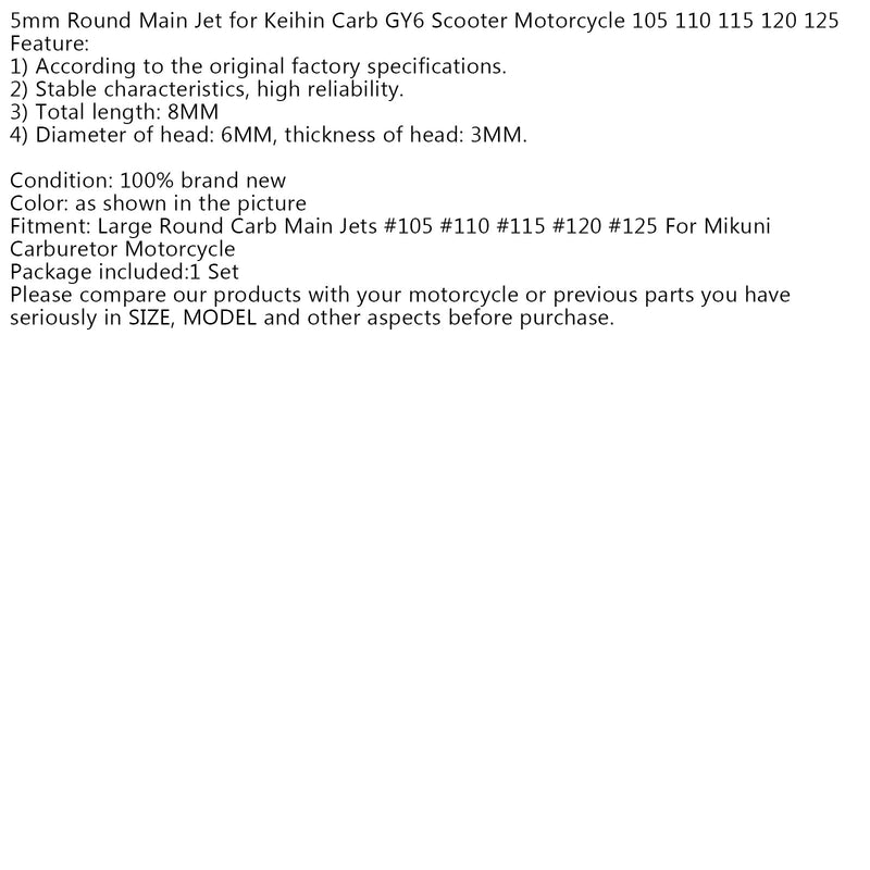 Scooter motocicleta atv 5 peças 5mm carburador redondo jatos principais para keihin carb gy6 #105 #110 #115 120 125