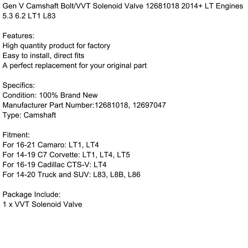 2016-2019 Cadillac CTS-V: LT4 Gen V Kamaxelbult/VVT solenoid 12681018