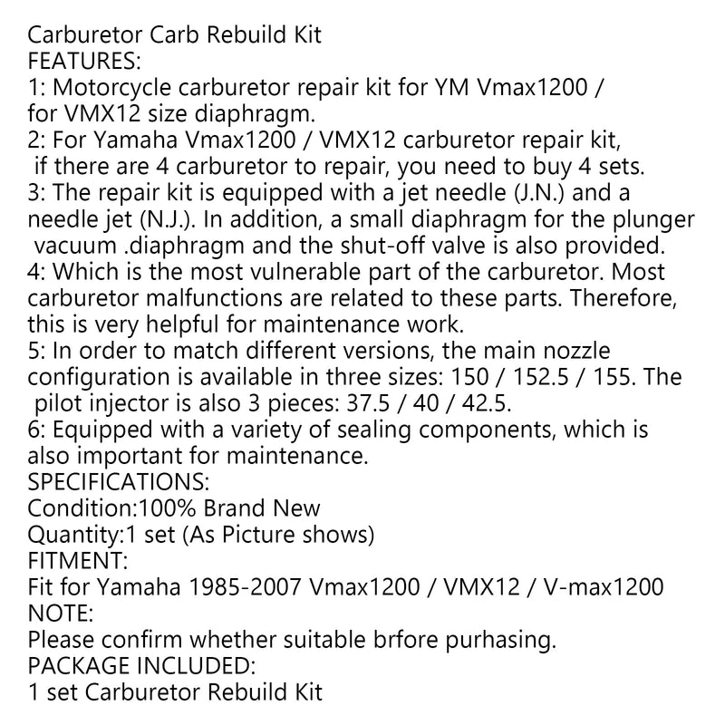 Forgasser konvertering reparasjonssett hovedjet sub for Yamaha VMAX V-Max 1200 VMX12 Generic