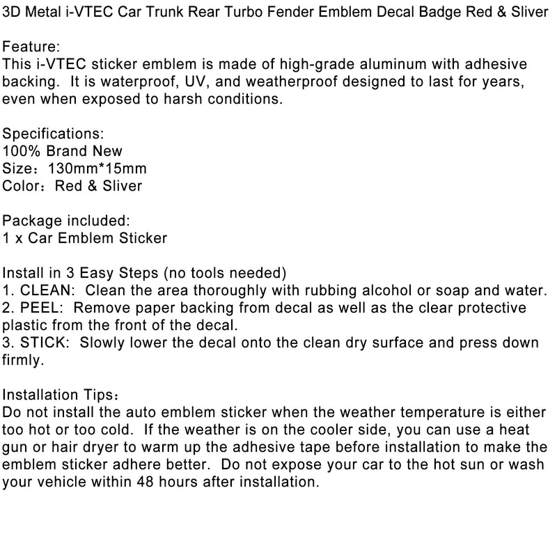 3D-metallinen i-VTEC-auton tavaratilan takaturbo lokasuojan tunnus Tarra Merkkimerkki Punainen & Sliver