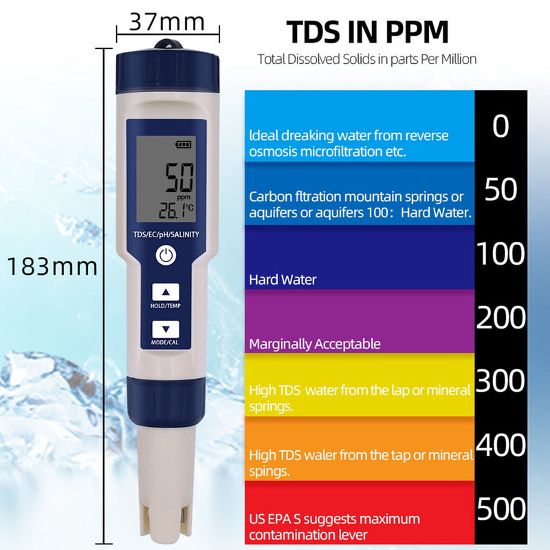 5in1 PH/TDS/EC/Salzgehalt/Temperatur Digital Water Quality Tester Meter Test Tool