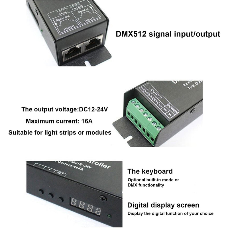 LED RGB DMX512 decodificador controlador DC12-24V 4x4A 16A 4 canais digital PWM dimmer