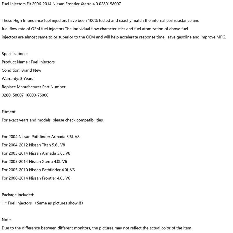 1 inyector de combustible para Nissan Frontier Xterra 4.0 0280158007 genérico 2006-2014.