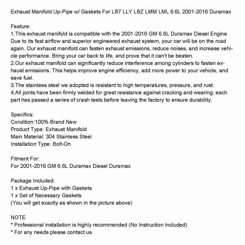 Avgasgrenrör upp-rör med packningar för LB7 LLY LBZ LMM LML 6.6L 2001-2016 Duramax Fedex Express