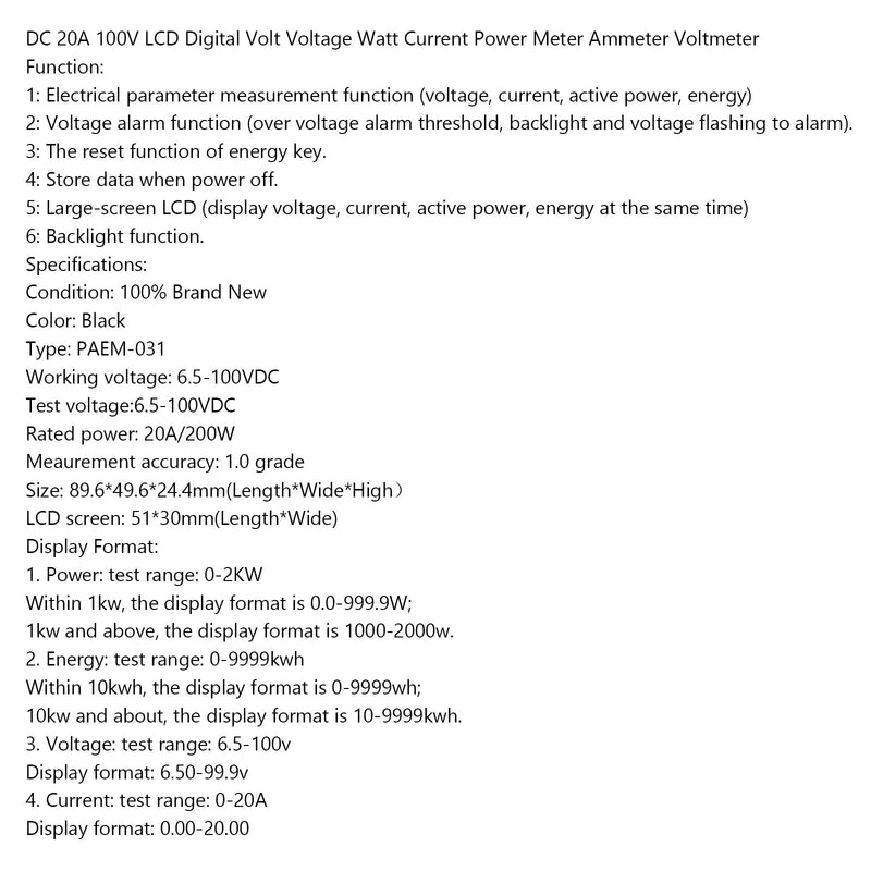 DC 20A 100V LCD Digital Volt Spenning Watt Strøm Power Meter Amperemeter Voltmeter